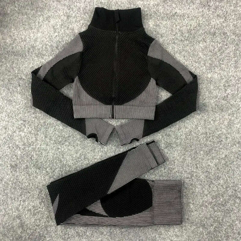 KIMLUD, Women's 3pcs Seamless Workout Outfits Sets Yoga Sportswear Tracksuit Leggings and Stretch Sports Bra Fitness, Black grey 2-PSC set / S, KIMLUD APPAREL - Womens Clothes