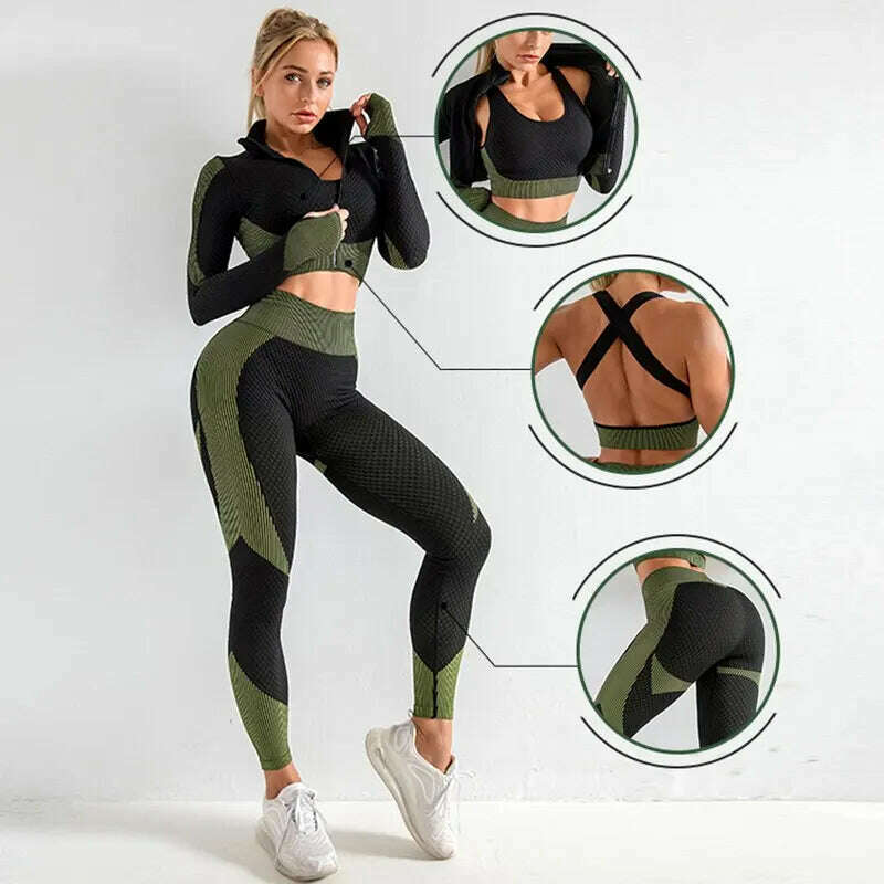 KIMLUD, Women's 3pcs Seamless Workout Outfits Sets Yoga Sportswear Tracksuit Leggings and Stretch Sports Bra Fitness, KIMLUD Womens Clothes