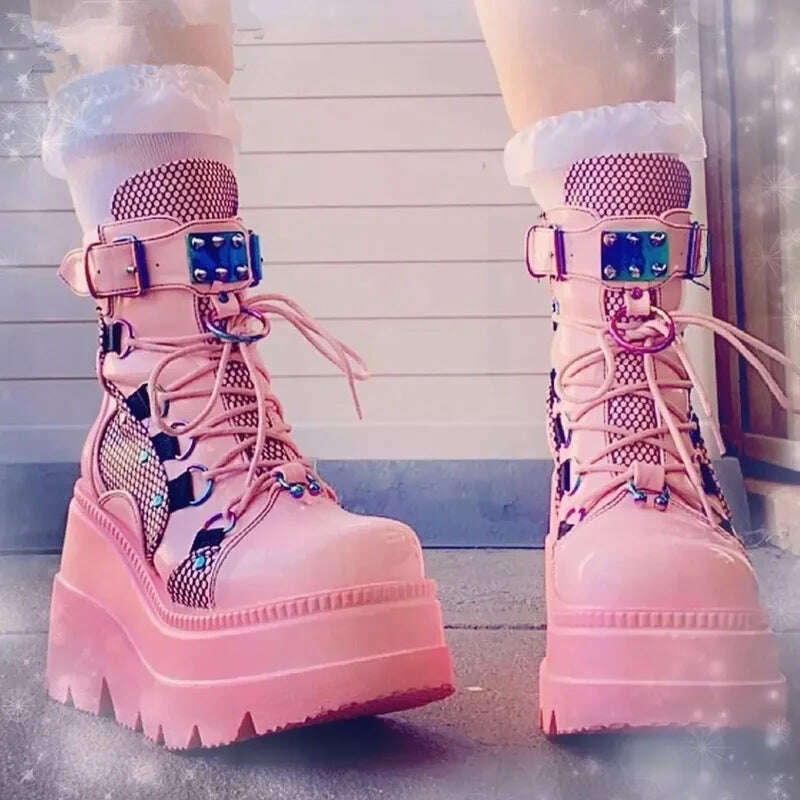 KIMLUD, Women's Boots 2022 Autumn Women Ankle Boots Platform Wedges High Heels Short Boots New Fashion Design Zip Cosplay Shoes of Women, Pink / 35, KIMLUD APPAREL - Womens Clothes