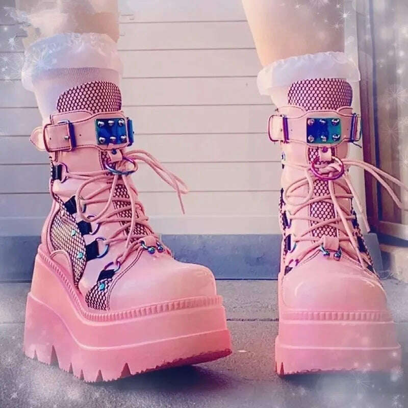 KIMLUD, Women's Boots 2022 Autumn Women Ankle Boots Platform Wedges High Heels Short Boots New Fashion Design Zip Cosplay Shoes of Women, KIMLUD Womens Clothes