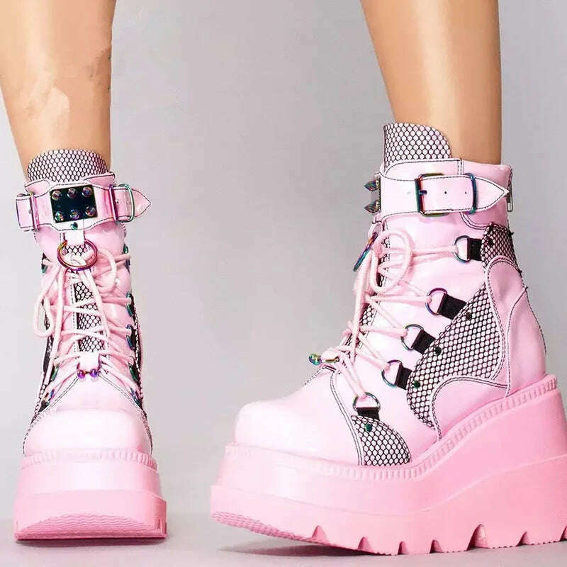 KIMLUD, Women's Boots 2022 Autumn Women Ankle Boots Platform Wedges High Heels Short Boots New Fashion Design Zip Cosplay Shoes of Women, KIMLUD Womens Clothes