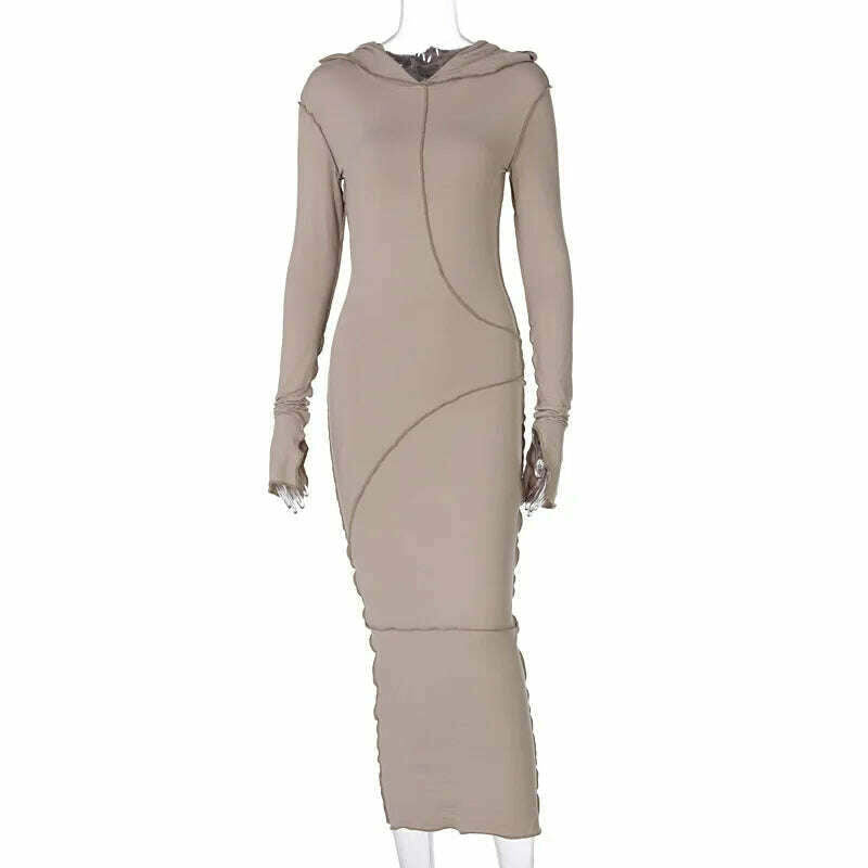 KIMLUD, Women's Dress New Casual Hooded Long Sleeve Sexy Elegant Party Dresses for Women 2023 Outfits Dresses Streetwear Skinny Bodycon, Khaki / S, KIMLUD APPAREL - Womens Clothes