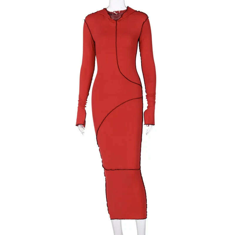 KIMLUD, Women's Dress New Casual Hooded Long Sleeve Sexy Elegant Party Dresses for Women 2023 Outfits Dresses Streetwear Skinny Bodycon, Red / S, KIMLUD APPAREL - Womens Clothes