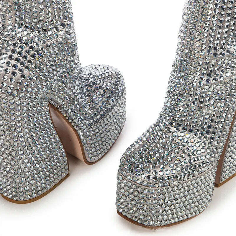 KIMLUD, Women's Fashion New Square Head Elevated Platform Super High Heel Silver Full Rhinestone Decorative Large Chelsea Short Boots, KIMLUD Womens Clothes
