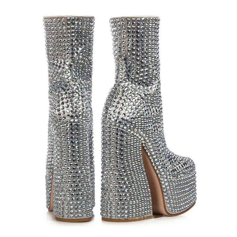 KIMLUD, Women's Fashion New Square Head Elevated Platform Super High Heel Silver Full Rhinestone Decorative Large Chelsea Short Boots, KIMLUD Womens Clothes