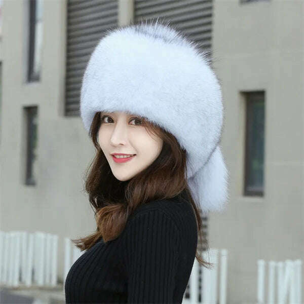 KIMLUD, Women's Fox Fur Hats 2022 New Fox Fur Windproof Warm Earmuffs Winter Hats Women's Fur Hats Russian Hats, Blue Fox / M(56-58cm), KIMLUD APPAREL - Womens Clothes