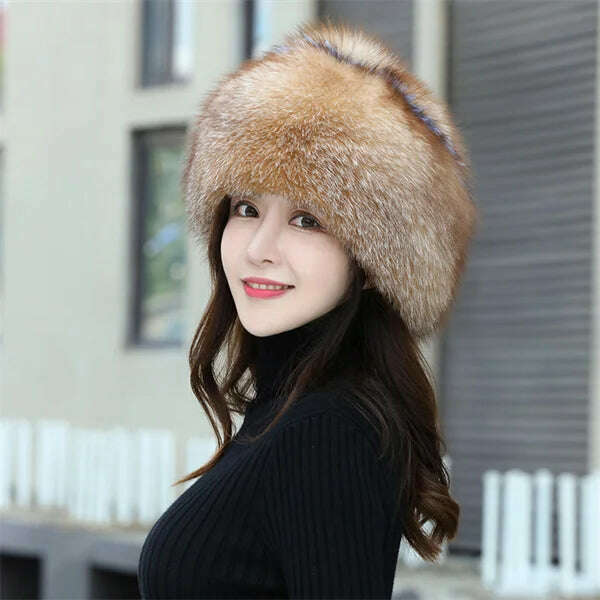 KIMLUD, Women's Fox Fur Hats 2022 New Fox Fur Windproof Warm Earmuffs Winter Hats Women's Fur Hats Russian Hats, drift gold / M(56-58cm), KIMLUD APPAREL - Womens Clothes
