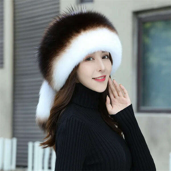 KIMLUD, Women's Fox Fur Hats 2022 New Fox Fur Windproof Warm Earmuffs Winter Hats Women's Fur Hats Russian Hats, coffee - white / M(56-58cm), KIMLUD APPAREL - Womens Clothes