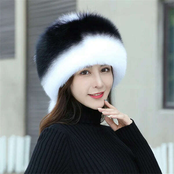 KIMLUD, Women's Fox Fur Hats 2022 New Fox Fur Windproof Warm Earmuffs Winter Hats Women's Fur Hats Russian Hats, black-white / M(56-58cm), KIMLUD APPAREL - Womens Clothes