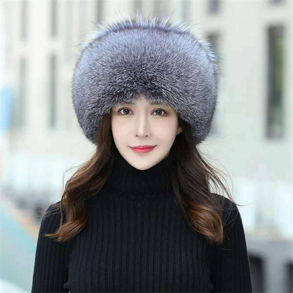 KIMLUD, Women's Fox Fur Hats 2022 New Fox Fur Windproof Warm Earmuffs Winter Hats Women's Fur Hats Russian Hats, silver blue / M(56-58cm), KIMLUD APPAREL - Womens Clothes