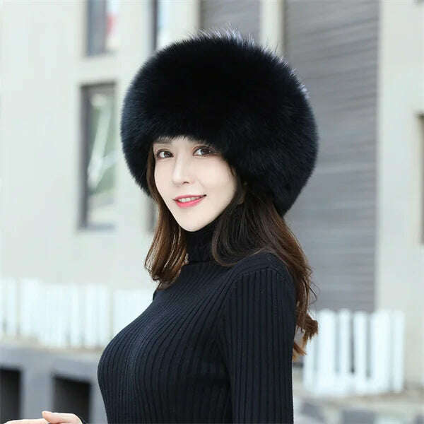 KIMLUD, Women's Fox Fur Hats 2022 New Fox Fur Windproof Warm Earmuffs Winter Hats Women's Fur Hats Russian Hats, Black / M(56-58cm), KIMLUD APPAREL - Womens Clothes