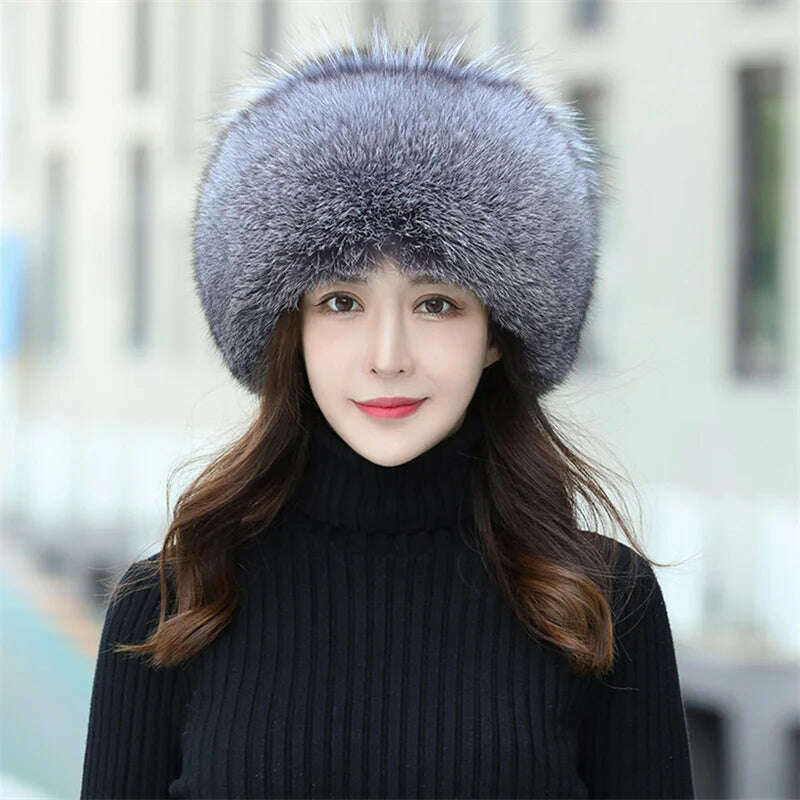 KIMLUD, Women's Fox Fur Hats 2022 New Fox Fur Windproof Warm Earmuffs Winter Hats Women's Fur Hats Russian Hats, KIMLUD Womens Clothes