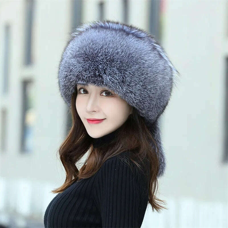 KIMLUD, Women's Fox Fur Hats 2022 New Fox Fur Windproof Warm Earmuffs Winter Hats Women's Fur Hats Russian Hats, KIMLUD Womens Clothes