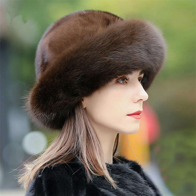KIMLUD, Women's Fox Fur Hats 2022 New Mink Fur Windproof Warm Earmuffs Winter Hats Women's Fur Hats Russian Fox Mink Stitching Hats, KIMLUD Womens Clothes