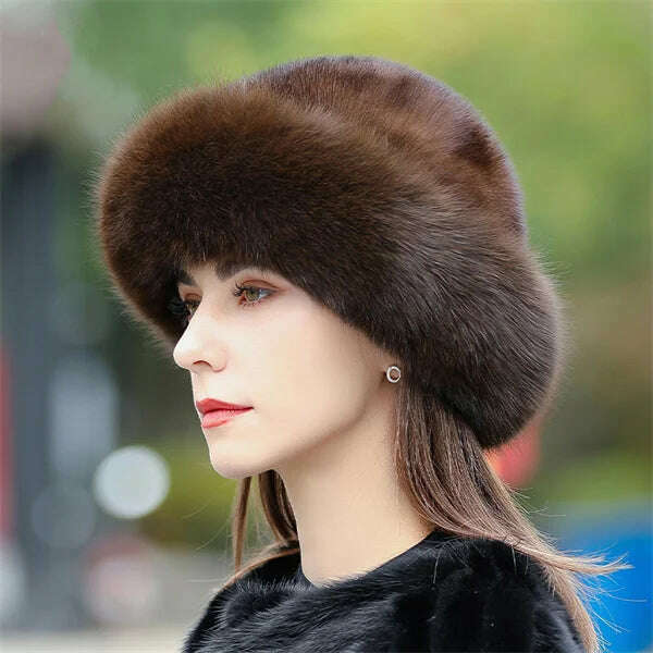 KIMLUD, Women's Fox Fur Hats 2022 New Mink Fur Windproof Warm Earmuffs Winter Hats Women's Fur Hats Russian Fox Mink Stitching Hats, Dark Brown / M(56-58CM), KIMLUD APPAREL - Womens Clothes