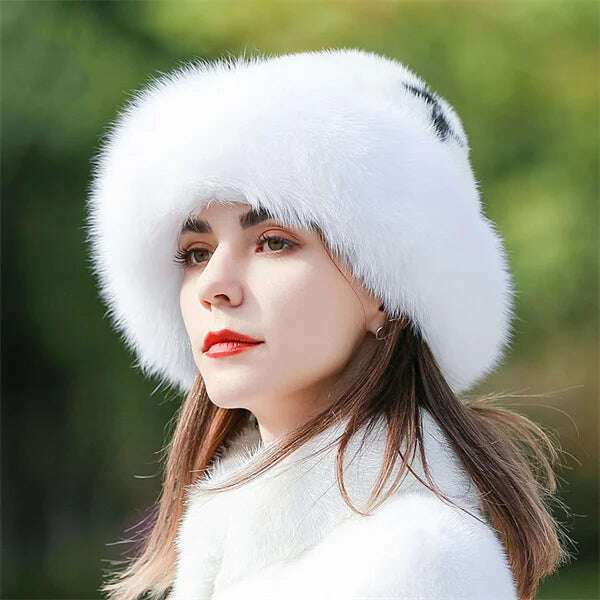 KIMLUD, Women's Fox Fur Hats 2022 New Mink Fur Windproof Warm Earmuffs Winter Hats Women's Fur Hats Russian Fox Mink Stitching Hats, white-black / M(56-58CM), KIMLUD APPAREL - Womens Clothes