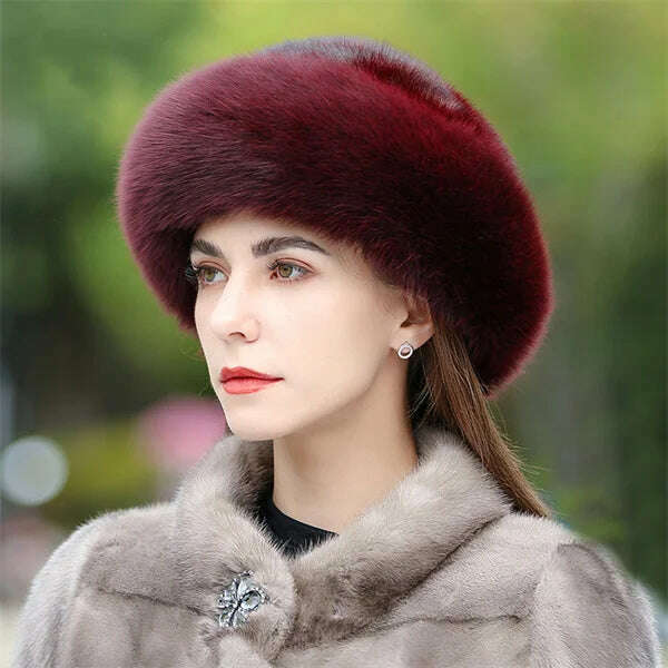 KIMLUD, Women's Fox Fur Hats 2022 New Mink Fur Windproof Warm Earmuffs Winter Hats Women's Fur Hats Russian Fox Mink Stitching Hats, Burgundy / M(56-58CM), KIMLUD APPAREL - Womens Clothes