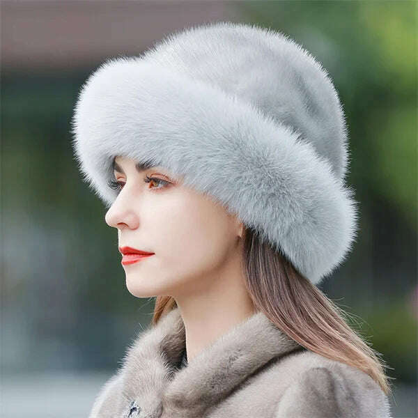 KIMLUD, Women's Fox Fur Hats 2022 New Mink Fur Windproof Warm Earmuffs Winter Hats Women's Fur Hats Russian Fox Mink Stitching Hats, Gray / M(56-58CM), KIMLUD APPAREL - Womens Clothes