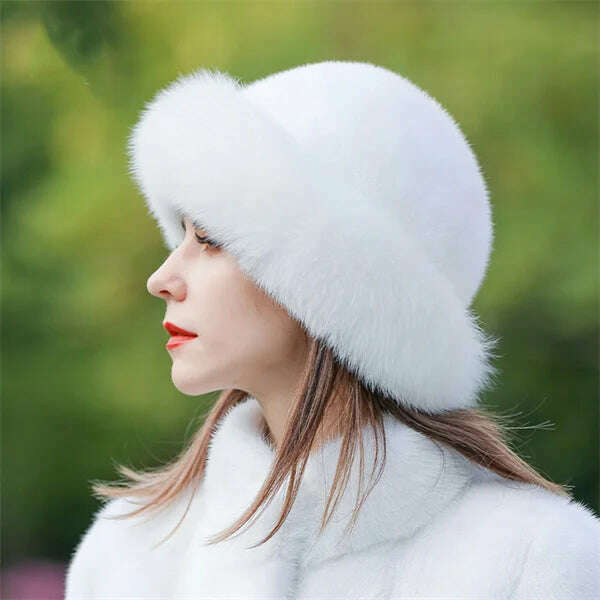 KIMLUD, Women's Fox Fur Hats 2022 New Mink Fur Windproof Warm Earmuffs Winter Hats Women's Fur Hats Russian Fox Mink Stitching Hats, White / M(56-58CM), KIMLUD APPAREL - Womens Clothes