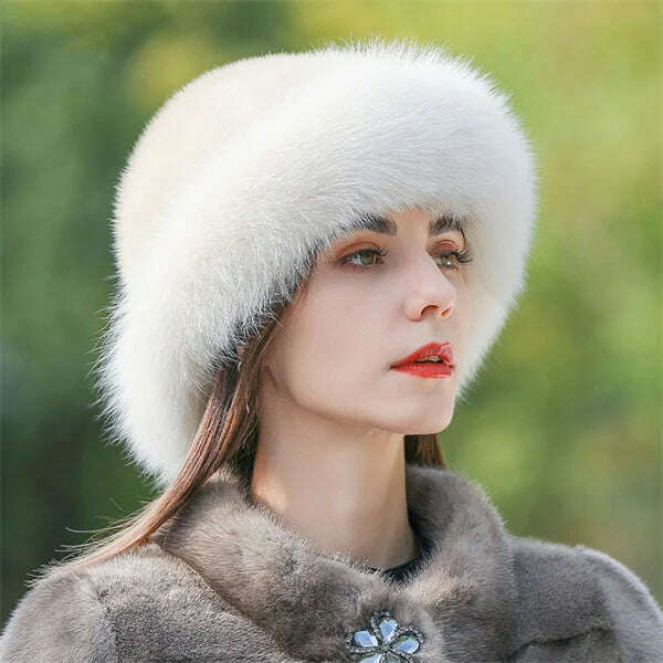 KIMLUD, Women's Fox Fur Hats 2022 New Mink Fur Windproof Warm Earmuffs Winter Hats Women's Fur Hats Russian Fox Mink Stitching Hats, Beige / M(56-58CM), KIMLUD APPAREL - Womens Clothes