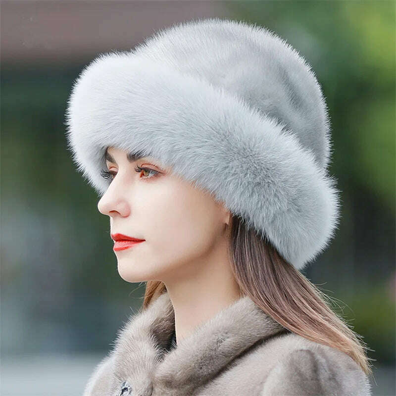 KIMLUD, Women's Fox Fur Hats 2022 New Mink Fur Windproof Warm Earmuffs Winter Hats Women's Fur Hats Russian Fox Mink Stitching Hats, KIMLUD Womens Clothes