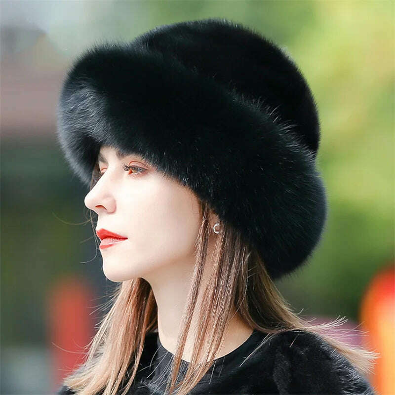 KIMLUD, Women's Fox Fur Hats 2022 New Mink Fur Windproof Warm Earmuffs Winter Hats Women's Fur Hats Russian Fox Mink Stitching Hats, KIMLUD Womens Clothes