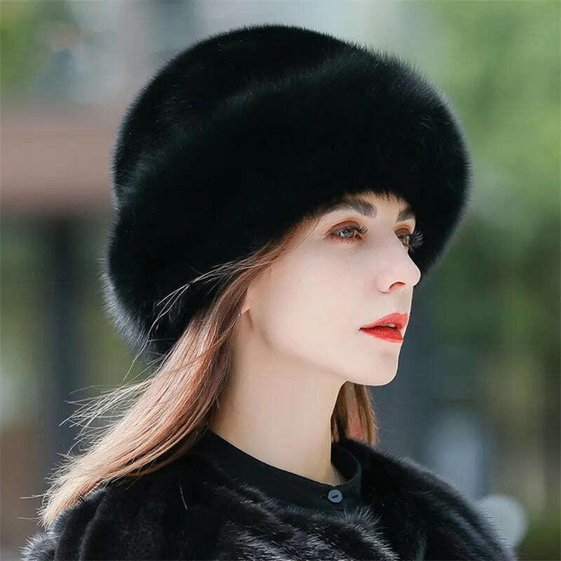 KIMLUD, Women's Fox Fur Hats 2022 New Mink Fur Windproof Warm Earmuffs Winter Hats Women's Fur Hats Russian Fox Mink Stitching Hats, KIMLUD Womens Clothes