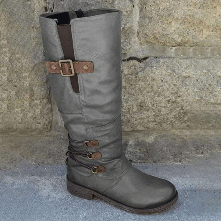KIMLUD, Women's Knight Boots Autumn Solid Color Round Toe Low Heel Belt Buckle Comfort Large Size Hiking Western Boots Bota Cano Longo, Gray / 35, KIMLUD APPAREL - Womens Clothes