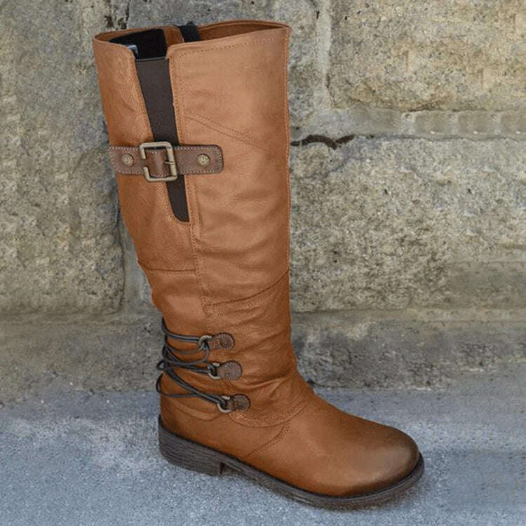 KIMLUD, Women's Knight Boots Autumn Solid Color Round Toe Low Heel Belt Buckle Comfort Large Size Hiking Western Boots Bota Cano Longo, Brown / 35, KIMLUD APPAREL - Womens Clothes