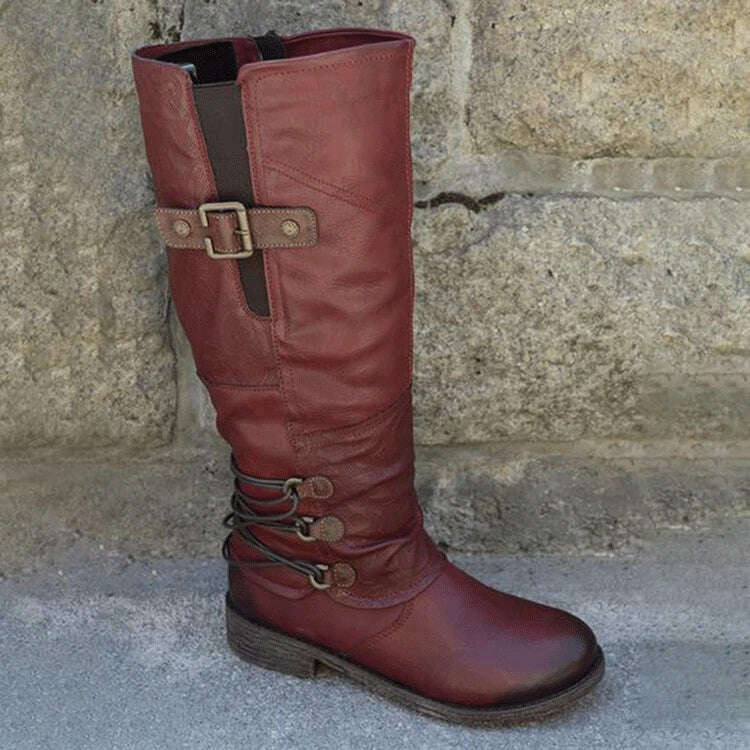 KIMLUD, Women's Knight Boots Autumn Solid Color Round Toe Low Heel Belt Buckle Comfort Large Size Hiking Western Boots Bota Cano Longo, Red / 35, KIMLUD APPAREL - Womens Clothes