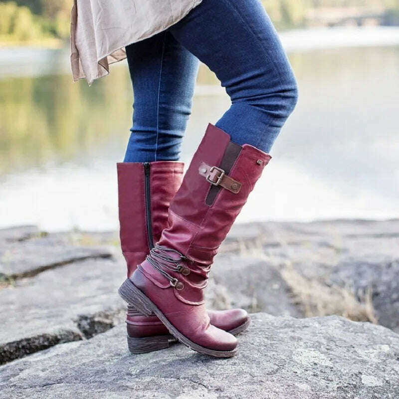 KIMLUD, Women's Knight Boots Autumn Solid Color Round Toe Low Heel Belt Buckle Comfort Large Size Hiking Western Boots Bota Cano Longo, KIMLUD Womens Clothes