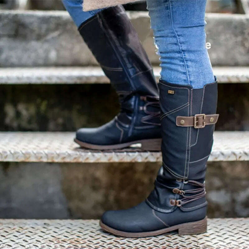 KIMLUD, Women's Knight Boots Autumn Solid Color Round Toe Low Heel Belt Buckle Comfort Large Size Hiking Western Boots Bota Cano Longo, KIMLUD Womens Clothes