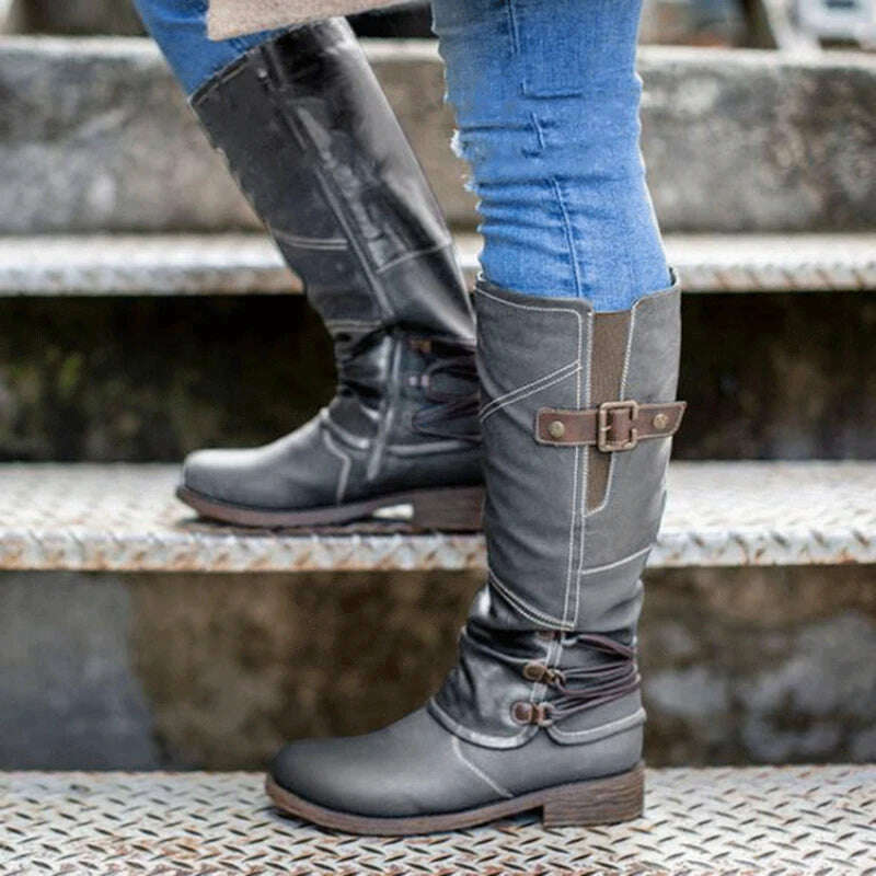 KIMLUD, Women's Knight Boots Autumn Solid Color Round Toe Low Heel Belt Buckle Comfort Large Size Hiking Western Boots Bota Cano Longo, KIMLUD Womens Clothes
