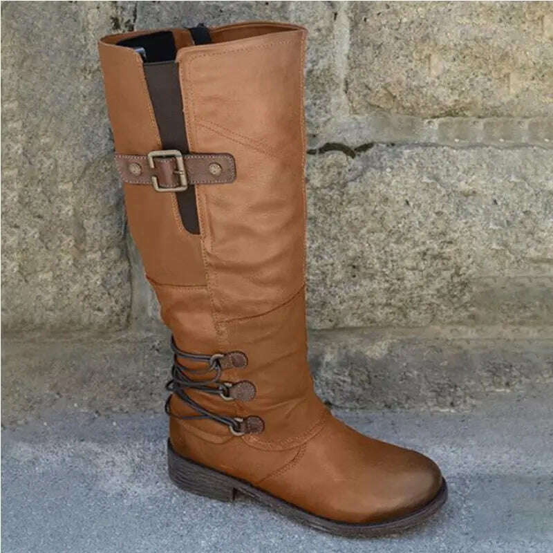 KIMLUD, Women's Knight Boots Autumn Solid Color Round Toe Low Heel Belt Buckle Comfort Large Size Hiking Western Boots Bota Cano Longo, KIMLUD Womens Clothes