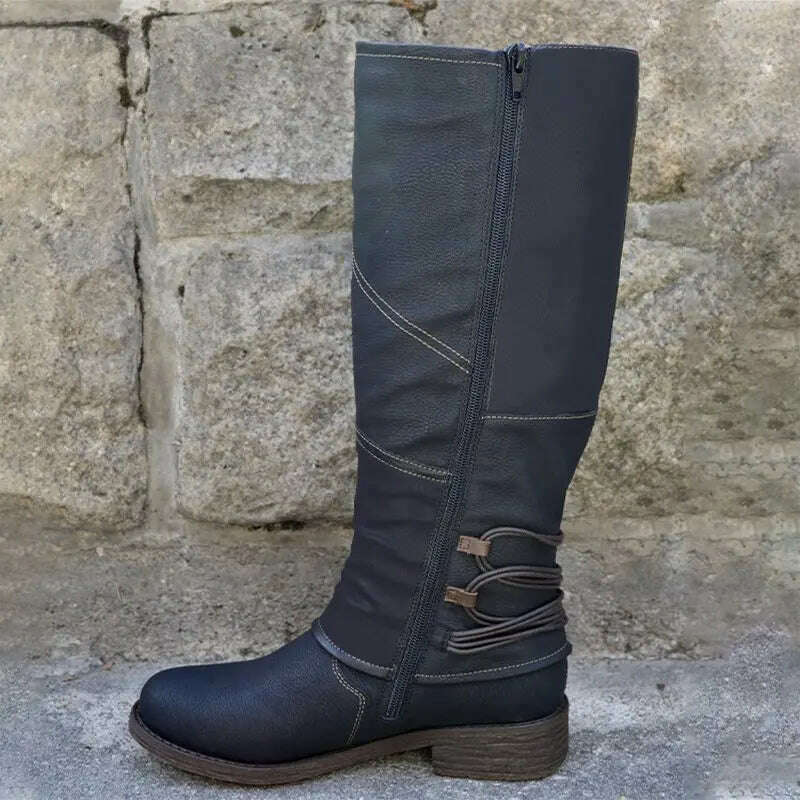 KIMLUD, Women's Knight Boots Autumn Solid Color Round Toe Low Heel Belt Buckle Comfort Large Size Hiking Western Boots Bota Cano Longo, KIMLUD Womens Clothes