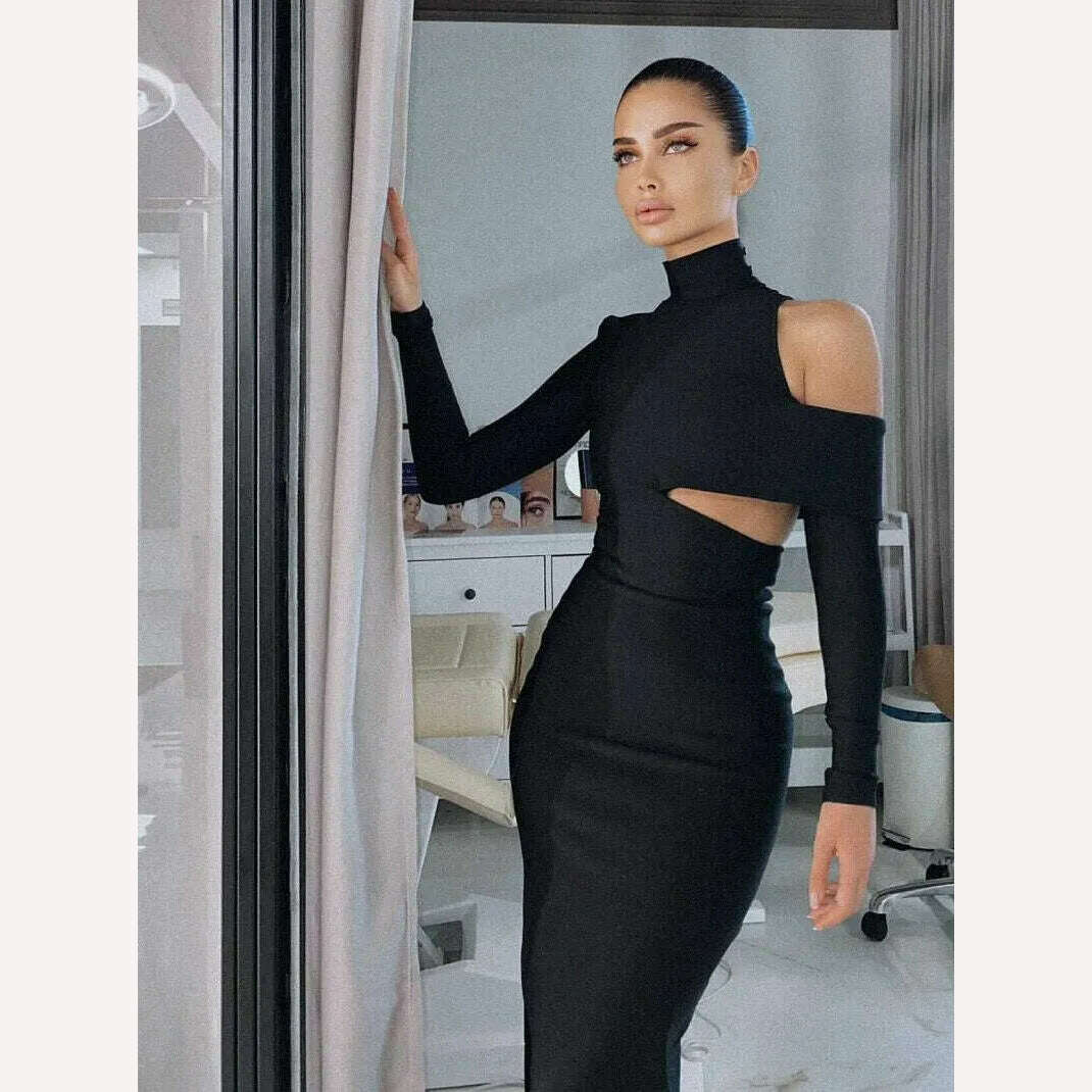 KIMLUD, Women's New Slim Elegant Wrap Long Sleeve Hollow Out Sexy Casual High Split High Street Party Club Mid-Calf Dress, KIMLUD Womens Clothes