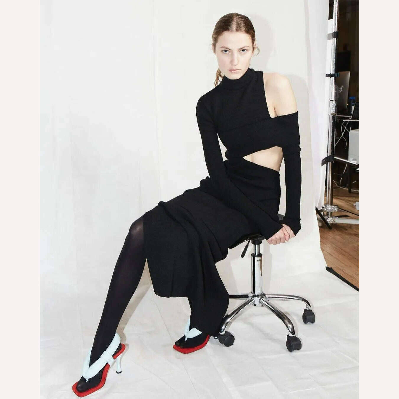 KIMLUD, Women's New Slim Elegant Wrap Long Sleeve Hollow Out Sexy Casual High Split High Street Party Club Mid-Calf Dress, KIMLUD Womens Clothes