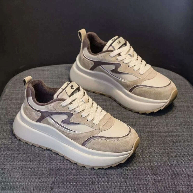 KIMLUD, Women's Shoes Fashion Thick Sole Casual Shoes Womens Sneakers Versatile Fashion Platform Sneakers Flat Walking Footwear, Khaki / 35, KIMLUD APPAREL - Womens Clothes