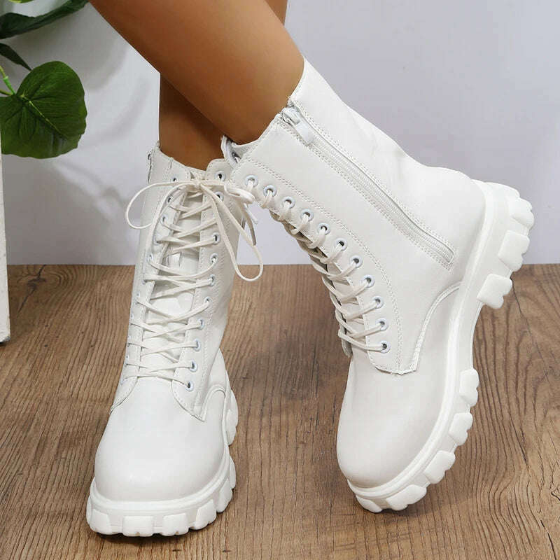 KIMLUD, Women's Shoes Mid Calf Boots Gothic Punk Casual White Platform Woman Medium Heel Spring Summer 2022 Elegant with Free Shipping, KIMLUD Womens Clothes