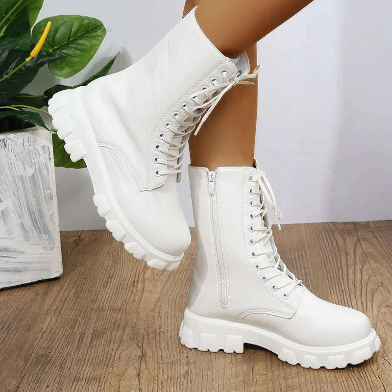 KIMLUD, Women's Shoes Mid Calf Boots Gothic Punk Casual White Platform Woman Medium Heel Spring Summer 2022 Elegant with Free Shipping, KIMLUD Womens Clothes