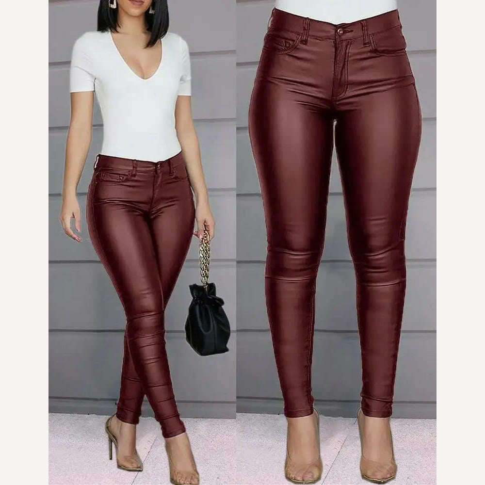 KIMLUD, Women's Slim Pencil Pants Casual Buttoned Solid Coated PU Pants, KIMLUD Womens ClothesKIMLUD, Women's Slim Pencil Pants Casual Buttoned Solid Coated PU Pants, Burgundy / S, KIMLUD APPAREL - Womens Clothes
