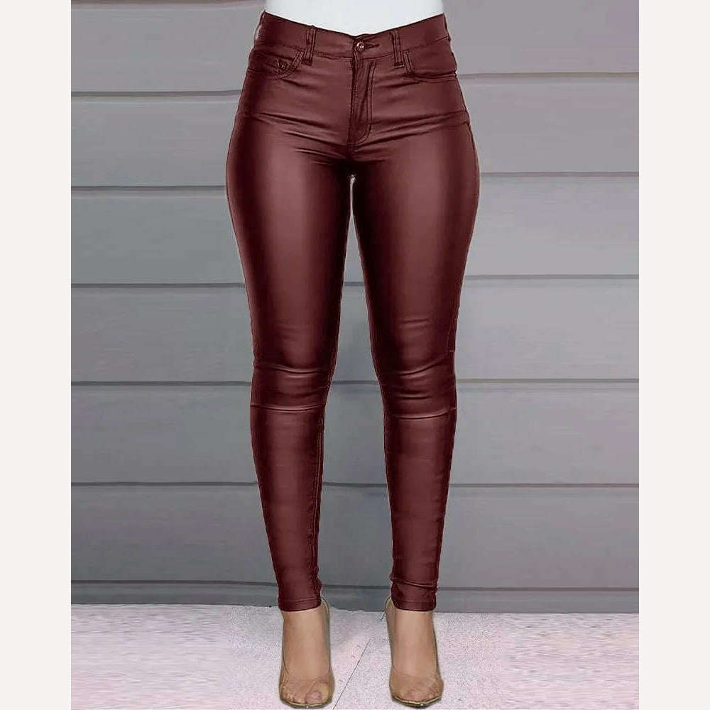 KIMLUD, Women's Slim Pencil Pants Casual Buttoned Solid Coated PU Pants, KIMLUD Womens Clothes