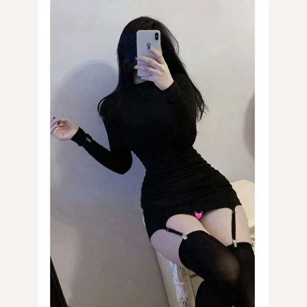 KIMLUD, WOMENGAGA Sexy Long Sleeve Mini Dress Socks NEW High Waist Thin O Neck Elegant Fairy Women Korean Hot Sexy Dresses autumn 763G, Black / S, KIMLUD APPAREL - Womens Clothes