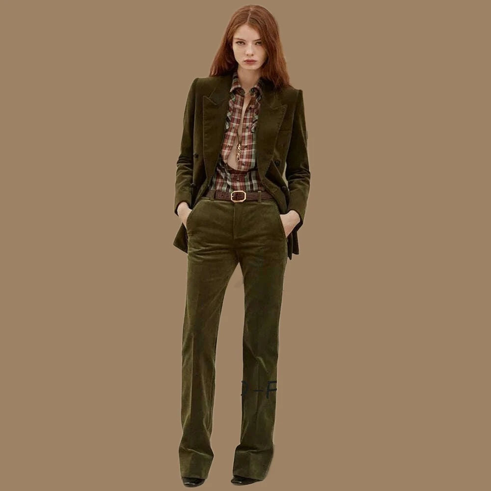 KIMLUD, Women's 2 Piece Suit Female Double Breasted Corduroy Pant Sets Fashion Slim Fit Blazer Set костюм женский, green / XS / CHINA, KIMLUD APPAREL - Womens Clothes
