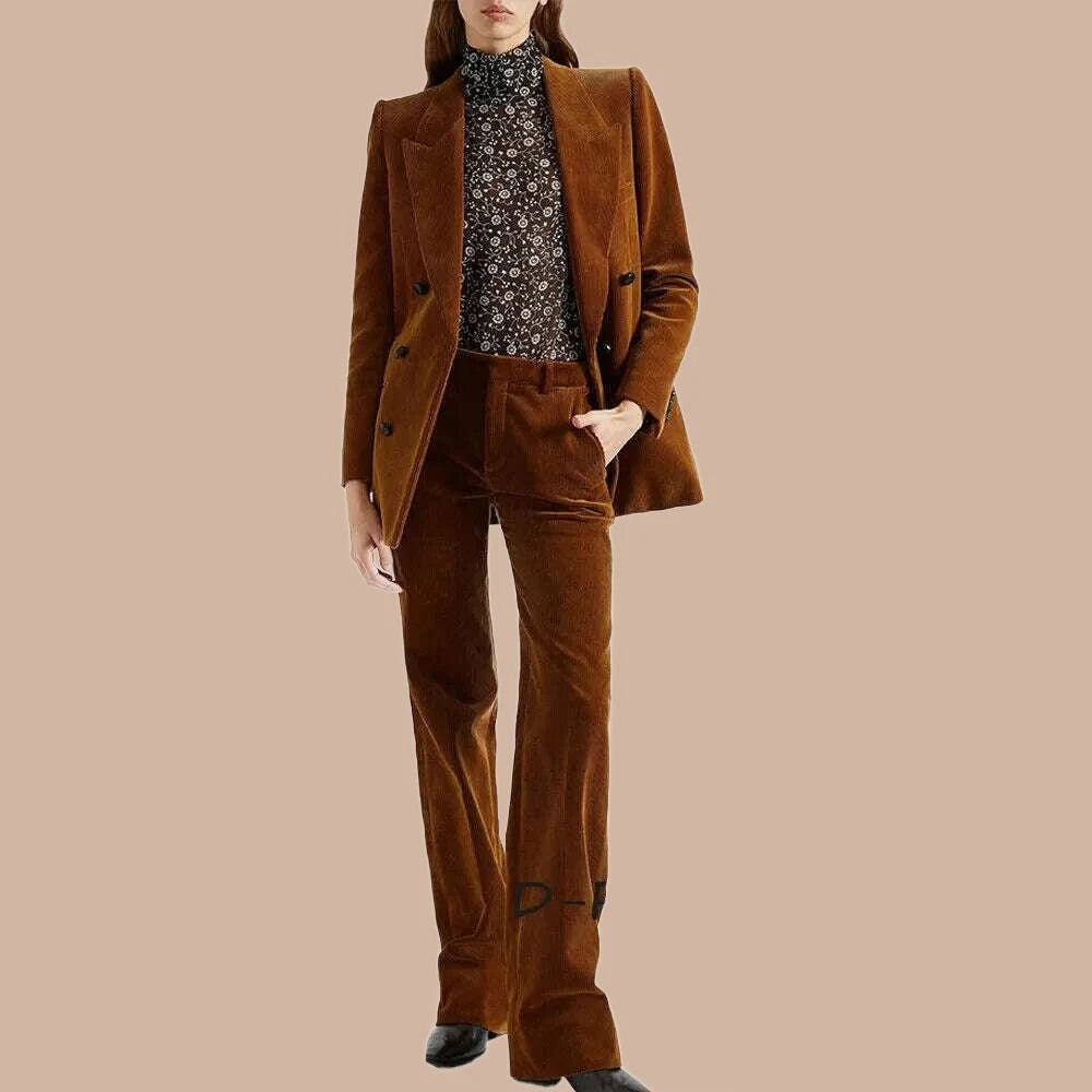 KIMLUD, Women's 2 Piece Suit Female Double Breasted Corduroy Pant Sets Fashion Slim Fit Blazer Set костюм женский, KIMLUD Womens Clothes