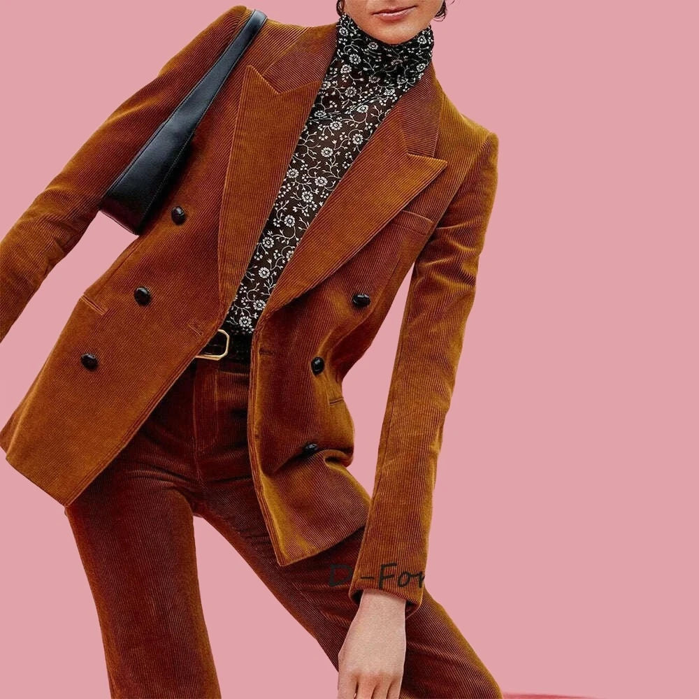 KIMLUD, Women's 2 Piece Suit Female Double Breasted Corduroy Pant Sets Fashion Slim Fit Blazer Set костюм женский, KIMLUD Womens Clothes