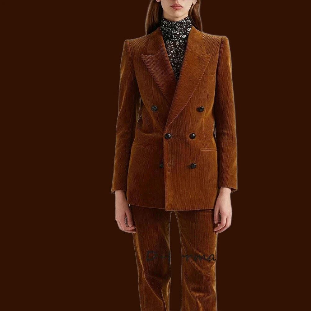 KIMLUD, Women's 2 Piece Suit Female Double Breasted Corduroy Pant Sets Fashion Slim Fit Blazer Set костюм женский, KIMLUD Womens Clothes