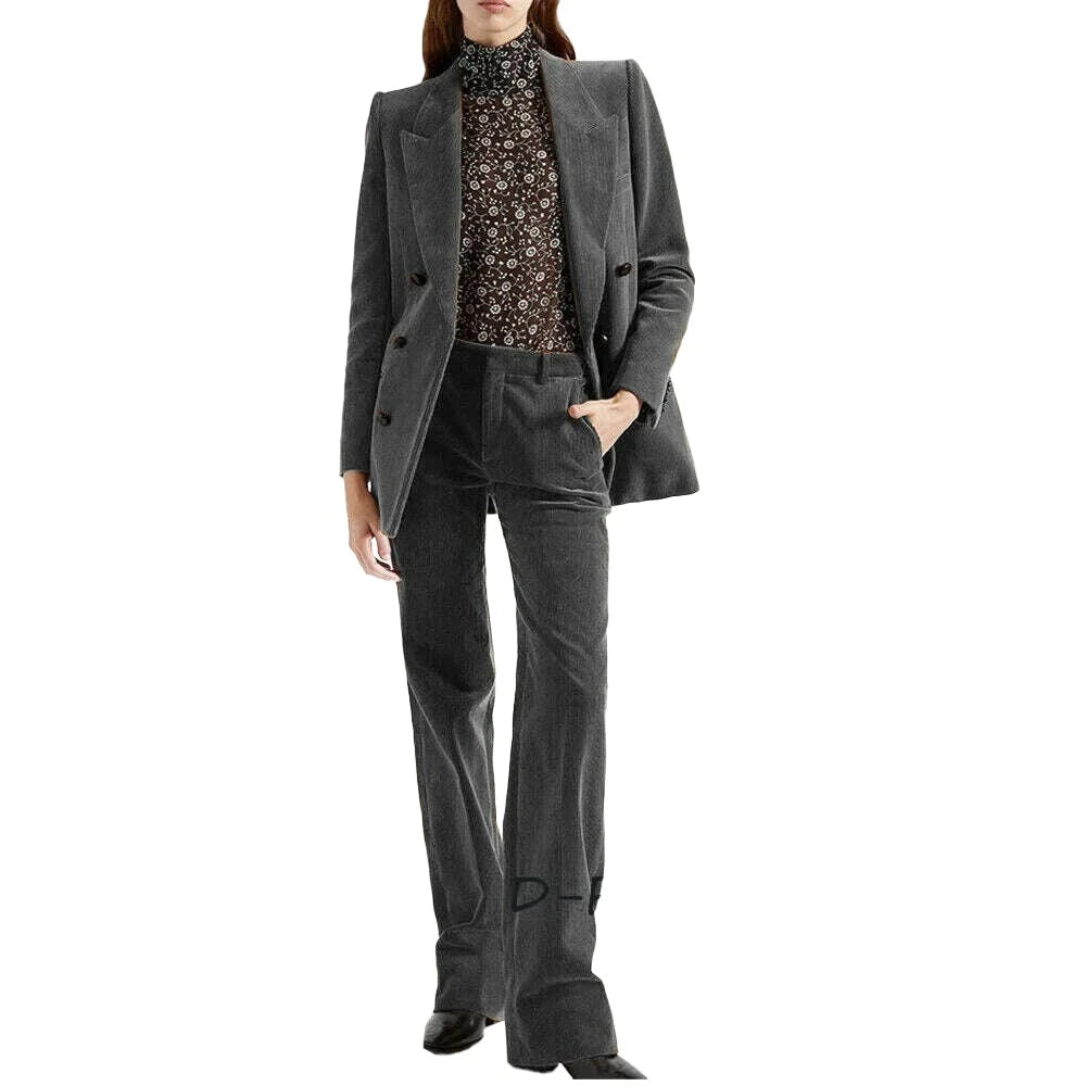 KIMLUD, Women's 2 Piece Suit Female Double Breasted Corduroy Pant Sets Fashion Slim Fit Blazer Set костюм женский, GRAY / XS / CHINA, KIMLUD APPAREL - Womens Clothes