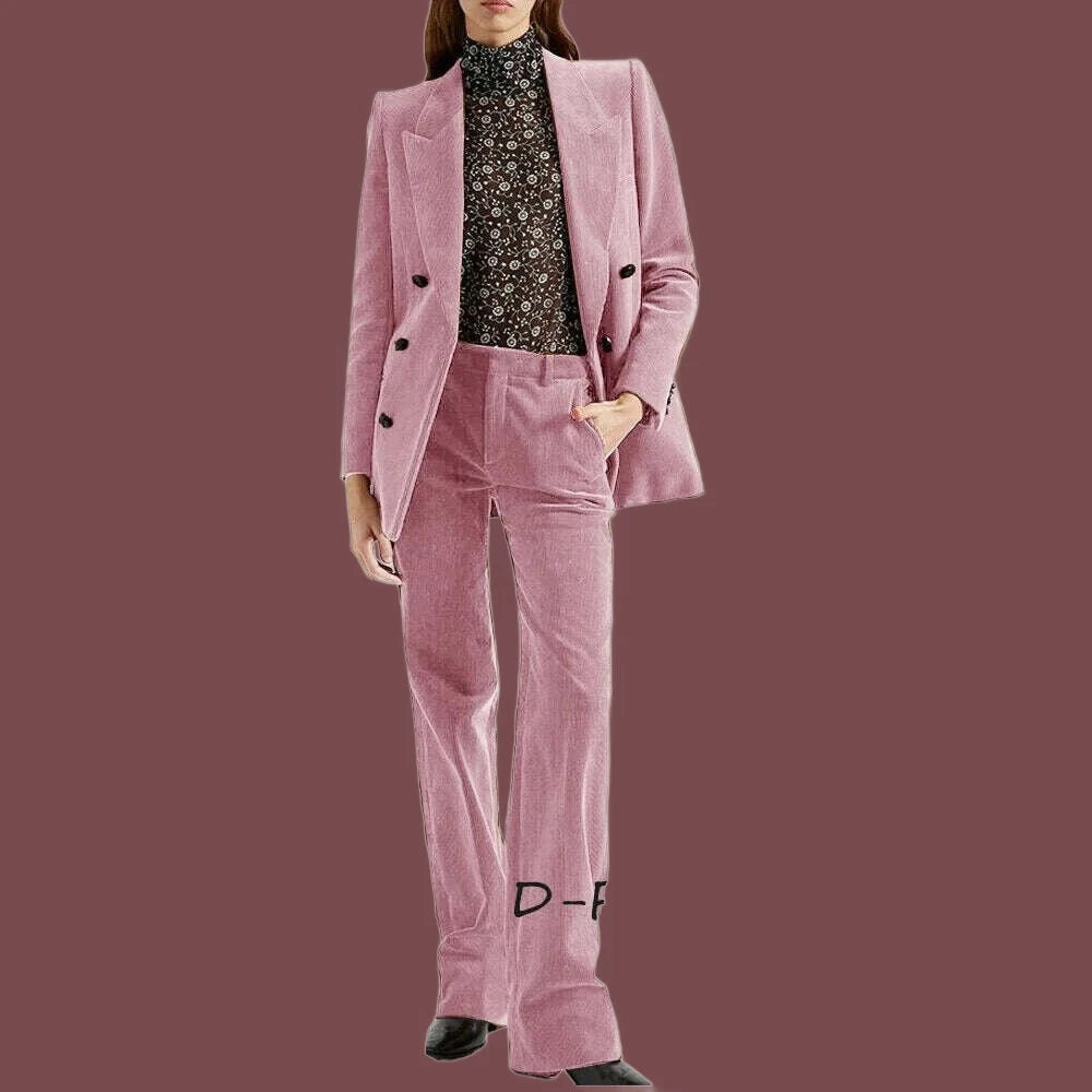 KIMLUD, Women's 2 Piece Suit Female Double Breasted Corduroy Pant Sets Fashion Slim Fit Blazer Set костюм женский, Pink / XS / CHINA, KIMLUD APPAREL - Womens Clothes