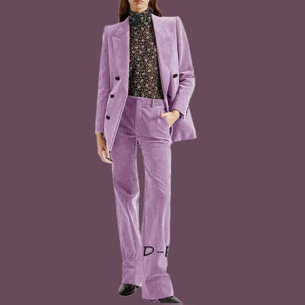 KIMLUD, Women's 2 Piece Suit Female Double Breasted Corduroy Pant Sets Fashion Slim Fit Blazer Set костюм женский, Lavender / XS / CHINA, KIMLUD APPAREL - Womens Clothes